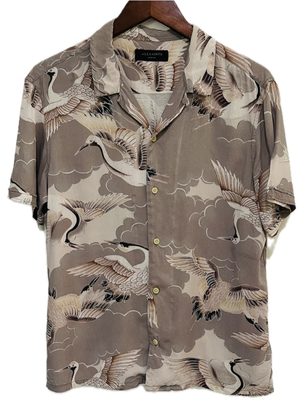 All Saints Men's Crane Print Short Sleeve Shirt - Beige & Taupe